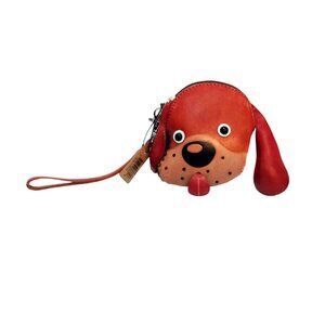 Joy-Handcrafted Leather Wagging Tongue Puppy Zipper Wristlet Coin Purse-NWT